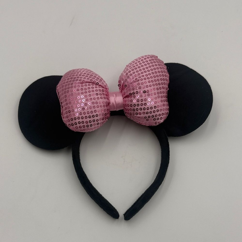 Pink Sequin Bow Headband with Black Ears
